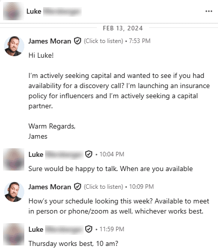 LinkedIn message thread, 13 February 2024